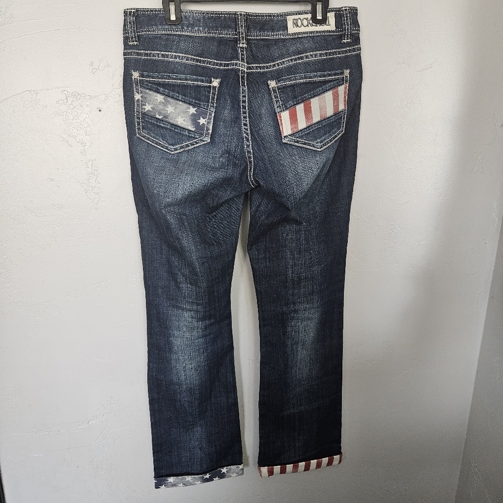 Rock & Roll Cowgirl Womens 29 Boyfriend Blue Jeans Rolled Cuffs Flag USA America